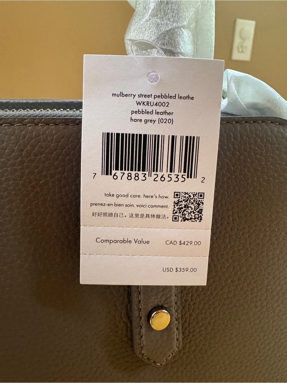 NWT Kate Spade Mulberry Street Pebbled Leather Satchel Hare Grey